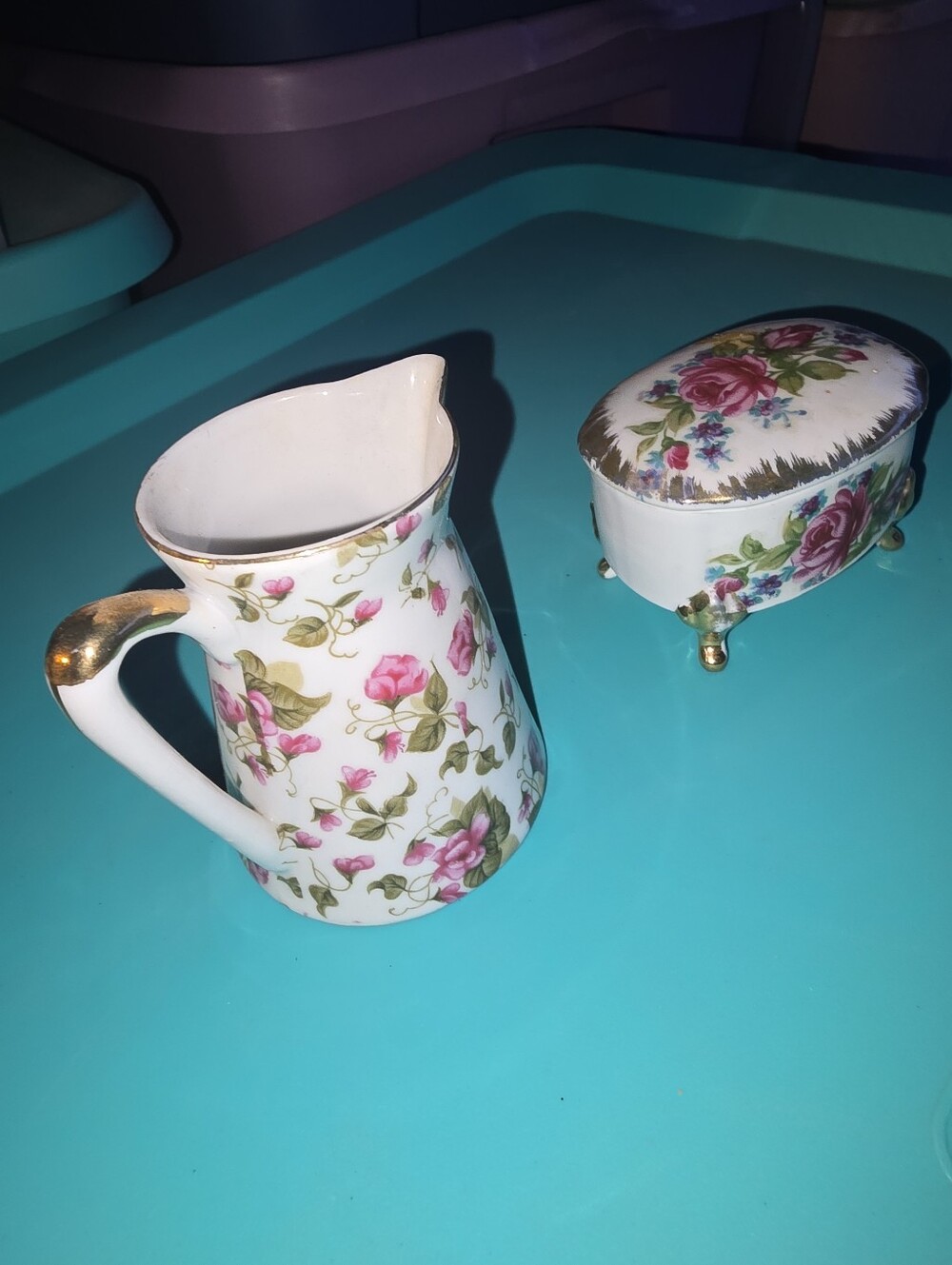 2 Pieces Japan Porcelain Trinket Box And Small Porcelain Pitcher Both Marked